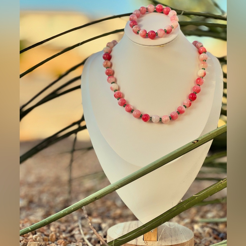 M232 Elegant Getaway Pink Peach Agate Necklace and Bracelet Set